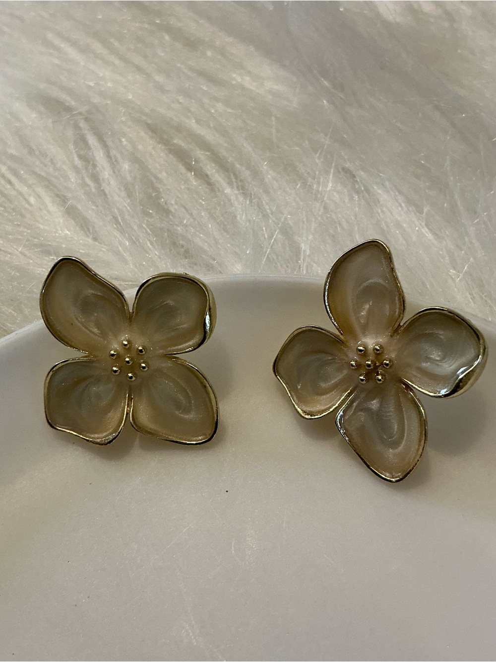 Beige floral gold-tone large stud earrings